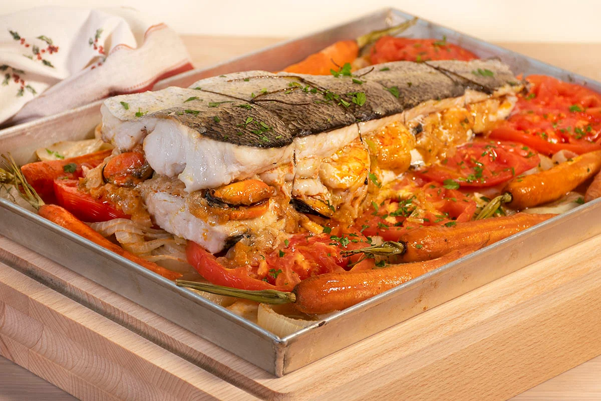 Merluza rellena de mejillones y langostinos