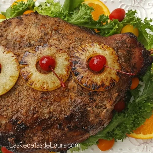 Pierna al horno con frutas y vino blanco