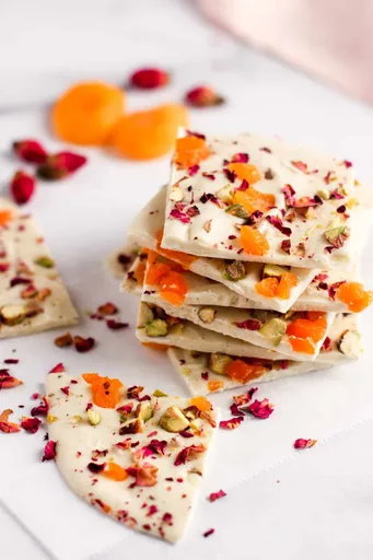 White Chocolate Bark with Cardamom, Rose, and Pistachios
