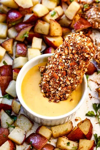 Sheet Pan Honey Mustard Pretzel Chicken & Potatoes