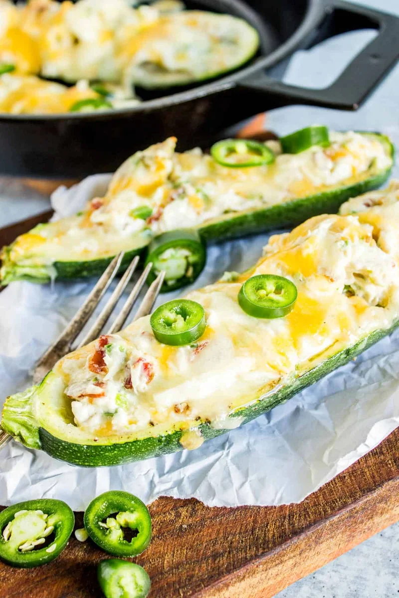 Stuffed Zucchini Boats with Jalapeño Popper Chicken