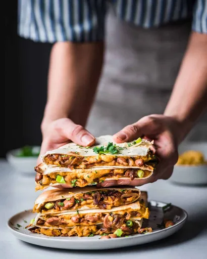 Quesadillas veganas con queso ahumado y frijoles refritos