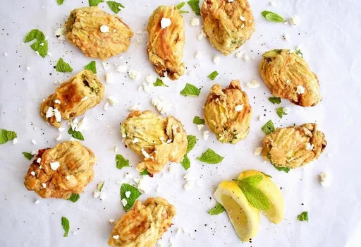 Feta Stuffed, Fried Zucchini Blossoms