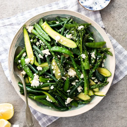 Steamed spring vegetables with feta
