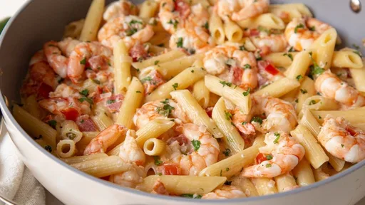 Pasta cremosa con gambas y pico de gallo