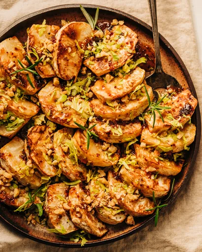 Cider Glazed Celery Root with Walnuts