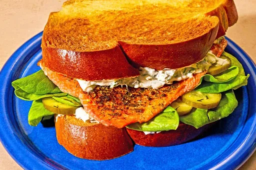 Sándwich de salmón con salsa de yogur y eneldo