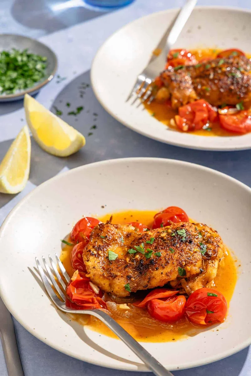 Cosce di pollo in padella con salsa di pomodorini e za’atar