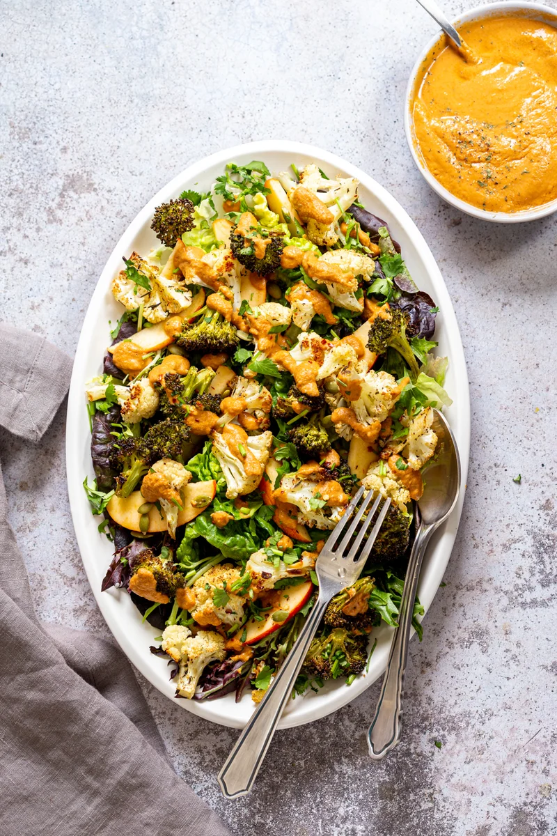 Roasted Broccoli Cauliflower Salad with Sun dried Tomato Dressing