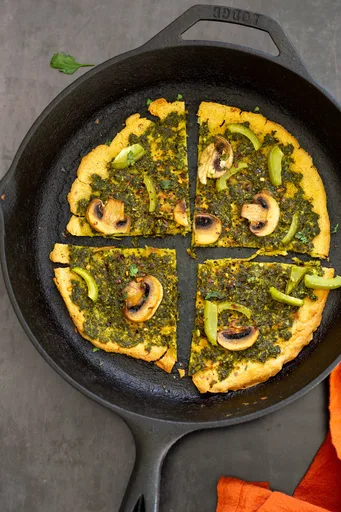 Socca Pizza with Pesto and Mushrooms