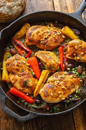 Pollo al estilo mediterráneo con aceitunas, alcaparras y pimientos