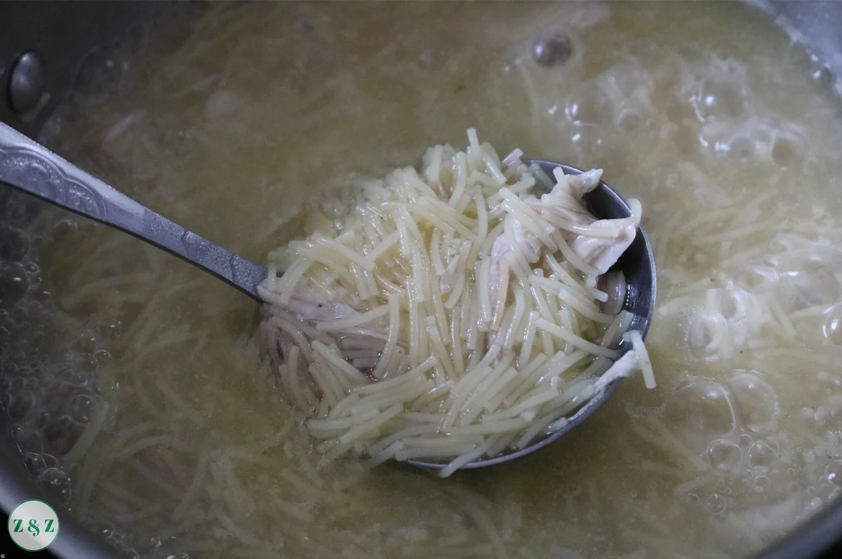 Sopa de pollo con fideos