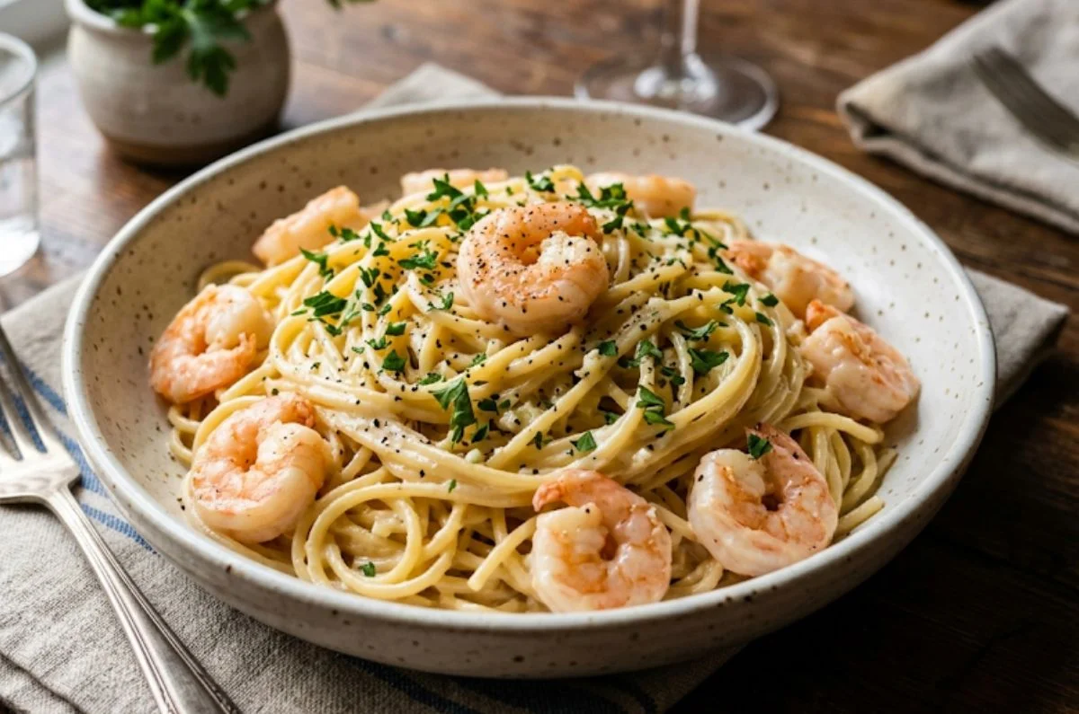 Receta de pasta con camarones en salsa de queso ¡en menos de 40 minutos!