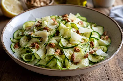 Ensalada de calabacitas en láminas con aderezo de limón, receta fácil
