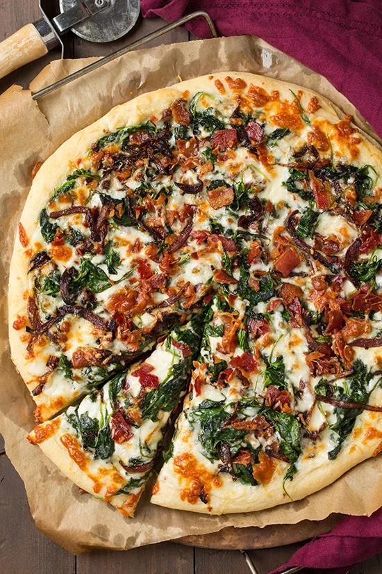 Caramlized Onion, Bacon and Spinach Pizza