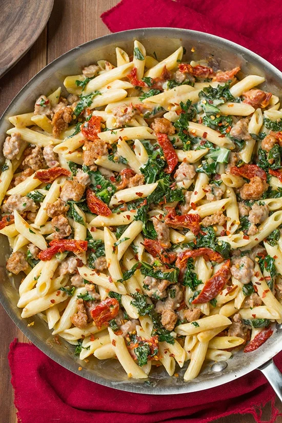 Creamy Kale and Turkey Sausage Pasta with Sun Dried Tomatoes