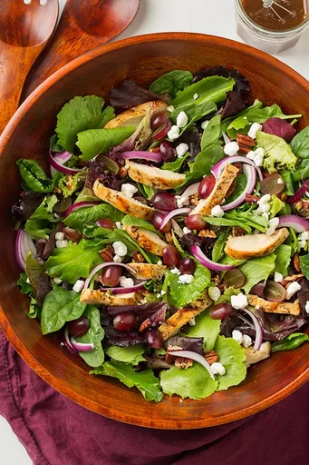 Grilled Chicken and Grape Spring Salad with Goat Cheese and Honey-Balsamic Dressing