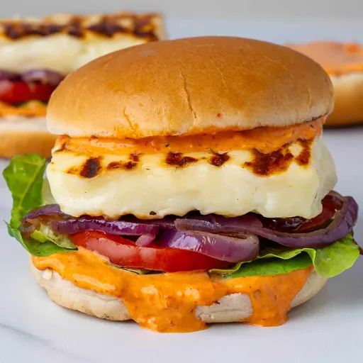 Halloumi Burger (with Smoky Red Pepper Aioli)
