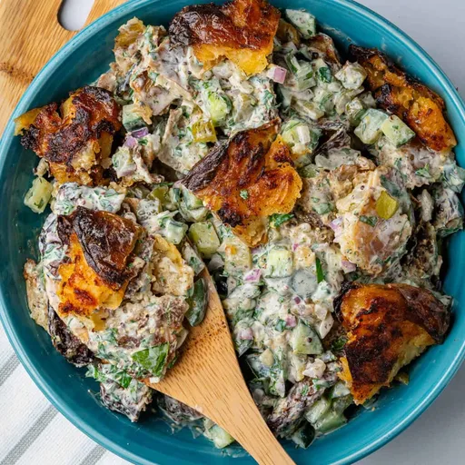 Ensalada de patatas crujientes aplastadas (aderezo cremoso y acidito)