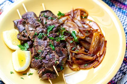 Chicken Liver Skewers With Balsamic Onions & Chard