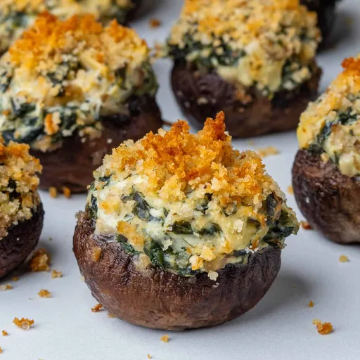 Champiñones rellenos con crema de espinacas y alcachofas