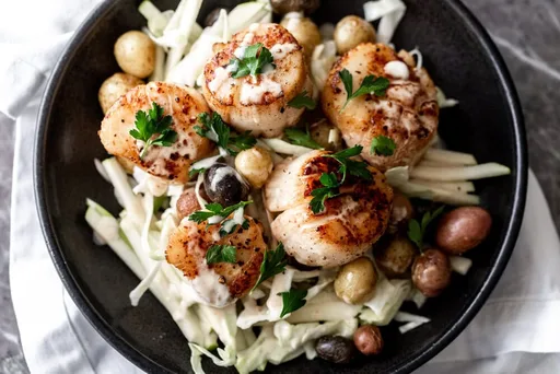 Seared Scallops with Green Apple Slaw, Potatoes & Lemon Butter Sauce