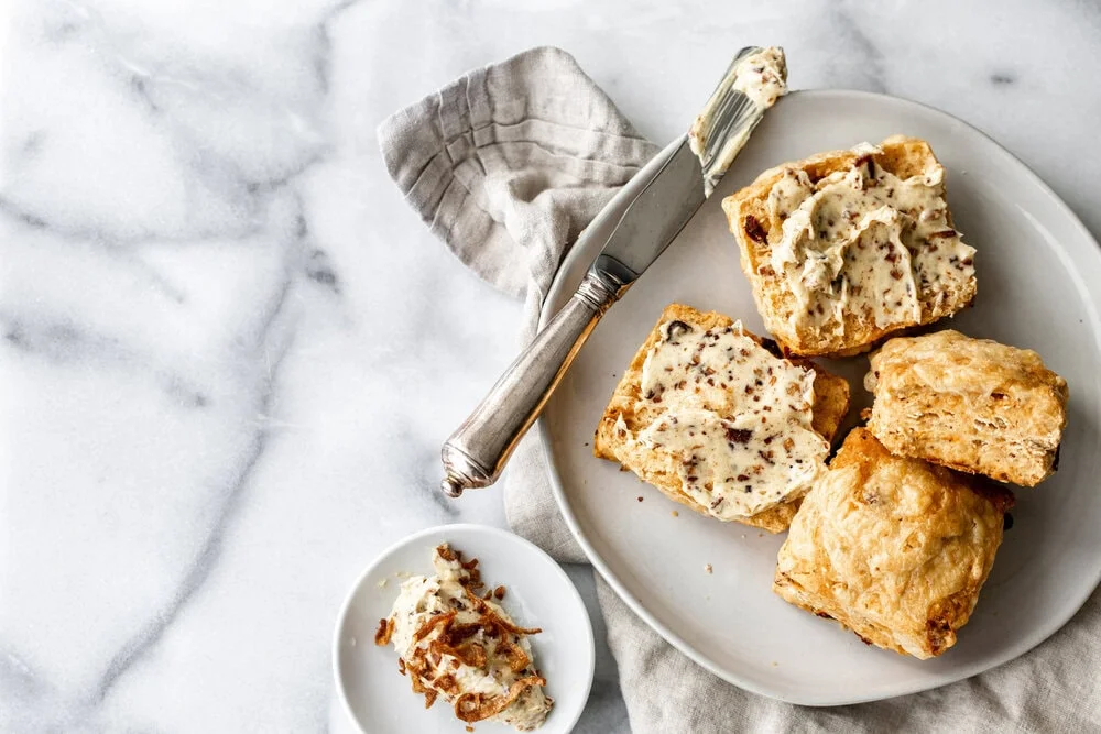 Tomato Irish Soda Bread Dinner Rolls with Fried Shallot Butter