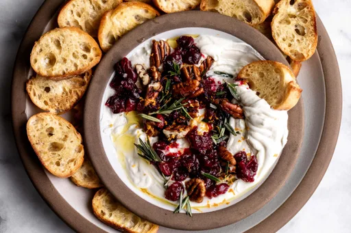 Queso de cabra batido con arándanos rojos y pacanas