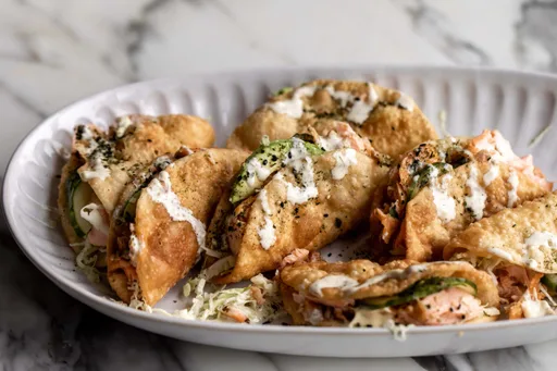 Salmon Wonton Tacos with Yuzu Mayo