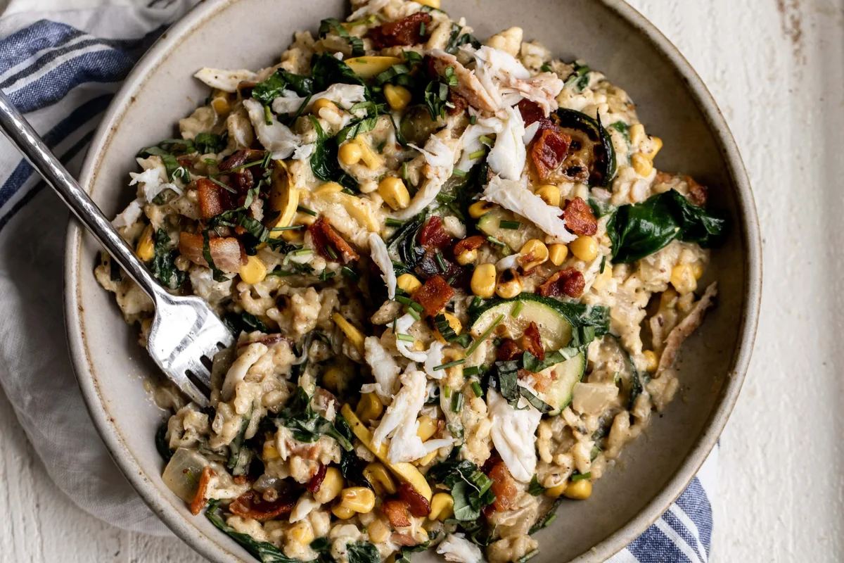 Summer Vegetable Risotto with Bacon and Crab