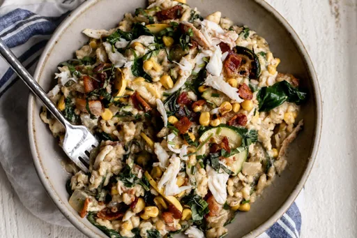 Summer Vegetable Risotto with Bacon and Crab