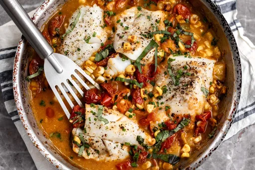 Bacalao Asado con Tomates y Maíz
