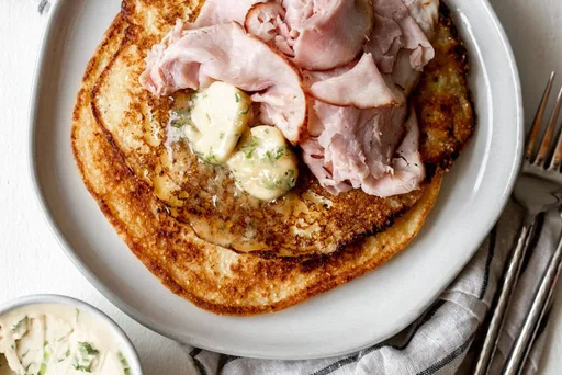 Johnnycakes with Ham and Scallion Maple Butter
