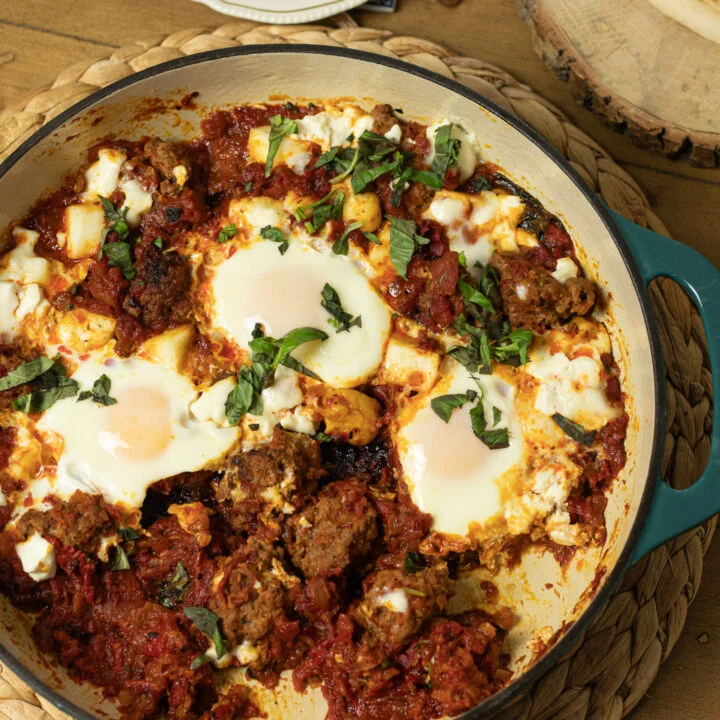 High Protein Shakshuka with Roasted Red Pepper Sauce