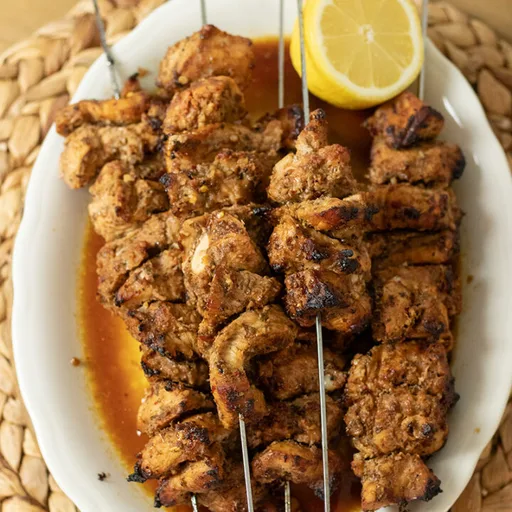 Mediterranean Chicken Skewers (Air Fryer) with Tomato Feta Salad and Zucchini