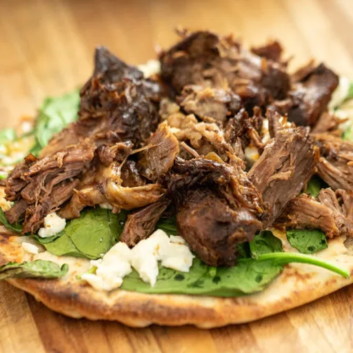 Greek-Inspired Roast Beef Quesadillas with Spinach, Feta & Yogurt-Harissa Sauce