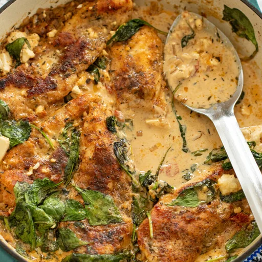 Pollo griego «Cásate conmigo» con feta cremoso y espinacas