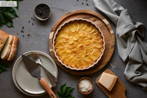 Pastel de papa gratinado a los cuatro quesos. Receta fácil al horno
