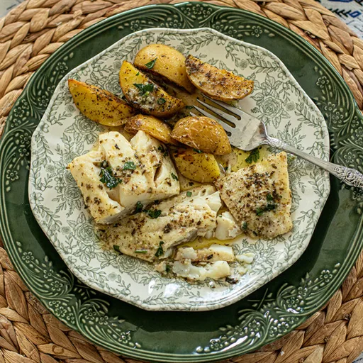 Cena en bandeja de bacalao griego al limón con patatas
