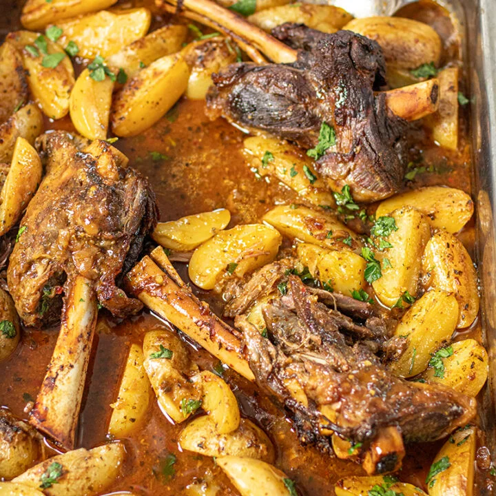 Sheet Pan Lamb Shanks with Lemony Potatoes (Easy Shortcut Method)