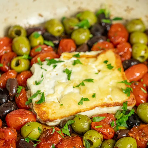 Feta frita a la sartén con tomates cherry y aceitunas