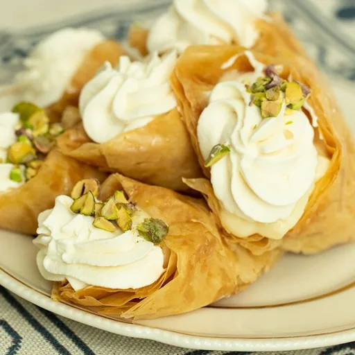 Greek Trigona Panoramatos (Cream-Filled Phyllo Cones with Syrup)