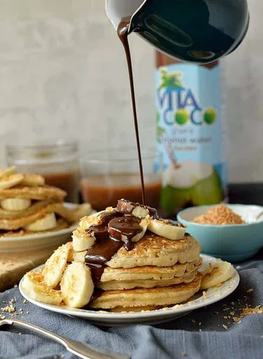 Toasted Coconut Pancakes With Chocolate Sauce