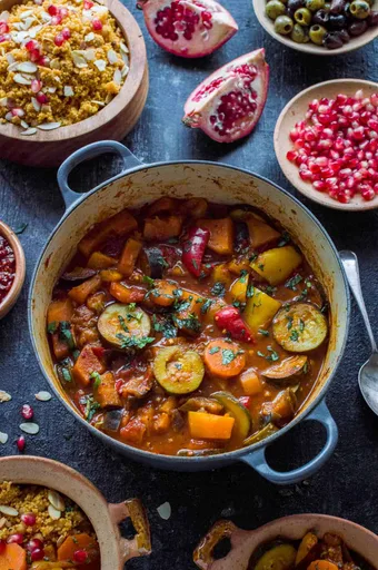 Vegetable Tagine With Almond And Chickpea Couscous.