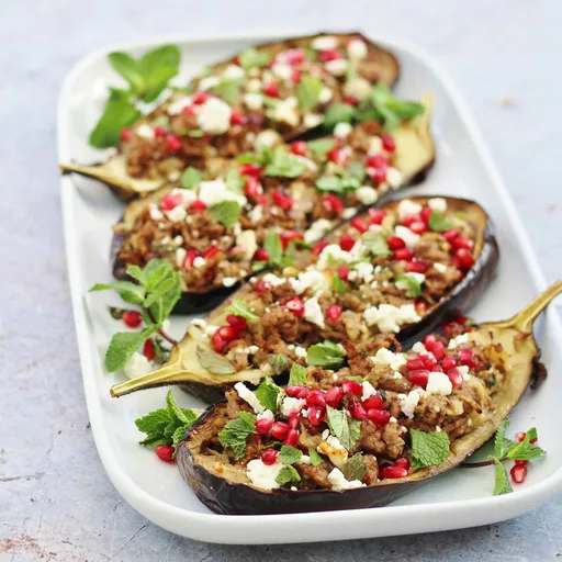Lamb Stuffed Aubergines with Mint, Feta and Pomegranate Seeds