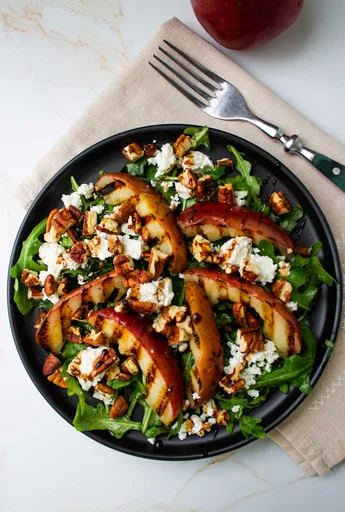 Grilled Pear Salad with Goat cheese, Pecans, and Balsamic Vinegar Reduction