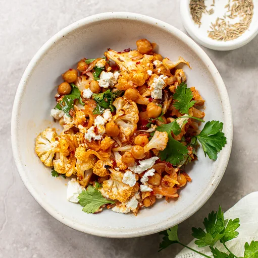 Roasted Cauliflower with Harissa Chickpeas