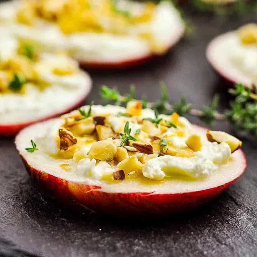Canapés de feta batida, manzana y avellana