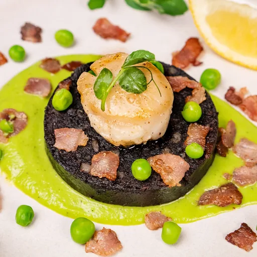 Scallops and Black Pudding with Pea Puree