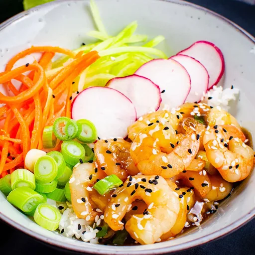 Honey and Garlic Prawn Poke Bowl
